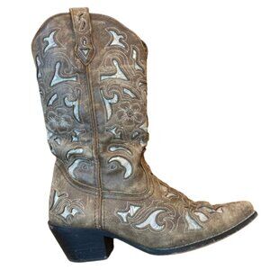 Laredo Sharona Boots Crackle Sanded Goat Leather Cut-Out Cowboy Heel Snip Toe, 9